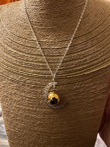 Gold orb locket moon necklace - gold,