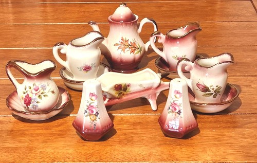 9pc miniature burgundy teapot - 9pc,