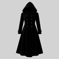 Women Black Velvet Hooded Gothic Victorian Steampunk Long Coat Aristocrat Coat