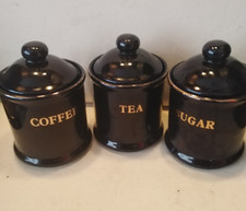 Vintage Tea Coffee and Sugar Canisters dark Blue Ceramic 1993