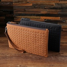 Men Handmade Weave Genuine Leather Handheld Bag Wallet Wrist Strap Card Holder