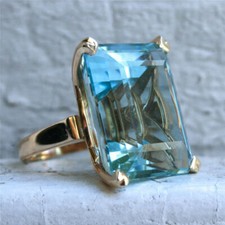 Natural Aquamarine Diamond Ring Yellow Gold 14K Women's Big Engagement Jewelry