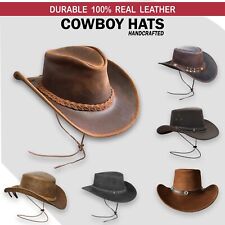 Real Leather Cowboy Hat Mens Vintage Chinstrap Australian Western Style Bush Hat