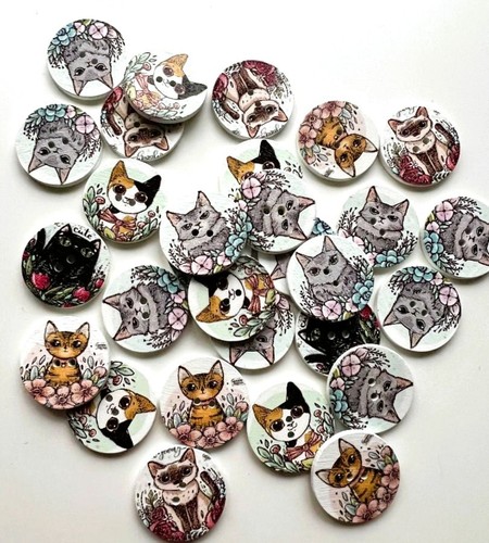 Wood cat buttons 25mm - cat,