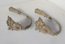 Large Antique Brass Curtain Tie Backs Hooks French Old Victorian Rococo Leaf