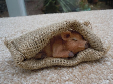 Sleeping Pig Ornament in a Hessian Sack , 95mm Long
