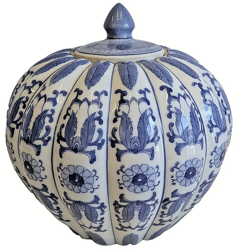 Blue white lidded - blue, jar