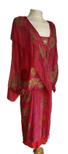 VINTAGE ZANDRA RHODES DRESS 80s RED-GOLD LEAF SILK SHAWL NECK BEAD TRIM SIZE 14