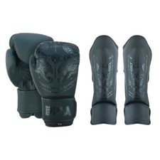 PMA Kids Twin Tigers Muay Thai Boxing Gloves Shin Pads Set Black Sparring Guards