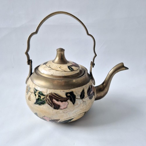 Vintage brass enamel - enamel, teapot