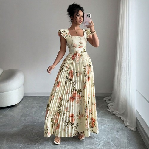 Elegant beige floral - floral, midi