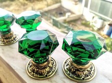 1 Antique PAIR DOOR KNOBS HANDLES - GLASS / GREEN CRYSTAL - 60 / 65mm