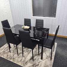Black dining table set and 6 black chairs Marble Effect glass kitchen set of 6 