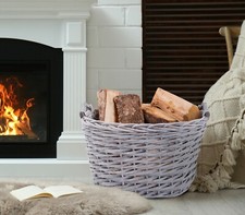 Oval Grey Washed Chunky Wicker Fireside Storage Heavy Duty Log Basket