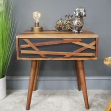 Retro Bedside Table Cabinet with Drawer Black Brown Weave Pattern Sheesham Wood