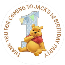 48 Personalised Winnie The Pooh 1st Birthday Party Bag Stickers 40mm BLUE