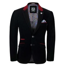 Mens Soft Velvet Blazer Slim Fit Vintage Casual Smart Black Trim Dinner Jacket