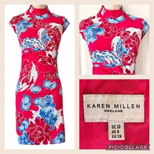 KAREN MILLEN Cheongsam Obi Dress - Size 8 Chinese Oriental Floral Corset Pencil