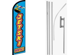 Jetski Rentals Blue Windless Banner Flag & 16ft Flagpole Kit /Ground