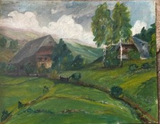 Schwarzwald Farmhouses Birch Farm Oil Painting Antique H.Rebstock Signed