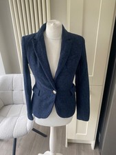 ZARA NAVY BLUE 100% WOOL TWEED JACKET SIZE S SMALL 6 FITTED BLAZER EQUESTRIAN