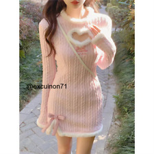 Japanese Girls cute Kawaii dress pink knitted winter warm dress heart bow sweet