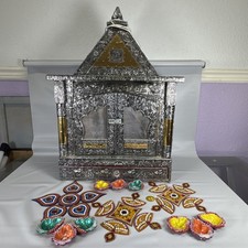 Temple Hindu Mandap For Pooja Worship Wood & Aluminum Oxidized With Extras 27x19