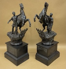 Pair Of Antique Large Spelter Marley Style Horses And Men On Marble Bases C1880