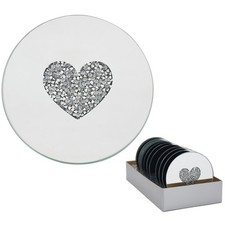 Multi Crystal Heart Diamante 10cm Mirrored Glass Decorative Round Candle Plate
