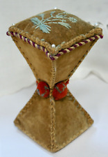 Antique Hand Made Hourglass Shaped Embroidered Velvet Pin Cushion, Silk Edging