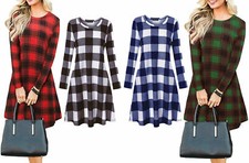 Ladies Women Print Tartan Check Skater Swing Check Jumper Winter T Shirt Dresses