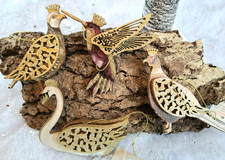 GISELA GRAHAM SET OF 4 SWAN,HUMMING BIRD, PARTRIDGE & PHEASANT WOODEN CHRISTMAS