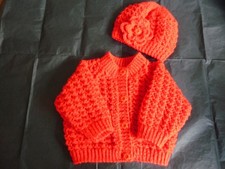 Hand Knitted Baby Cardigan & Hat ~ Girl ~ New Born ~ Red