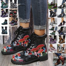 Womens Lace Up Ankle Boots Chunky Sole Ladies Retro Combat Goth Biker Shoes 3-8