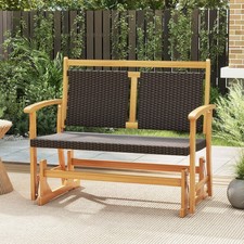 Outdoor Wooden Glider Bench 2-Person Patio PE Rattan Swing Gliding Rocker