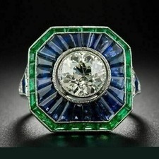 Art Deco Style Lab Created Diamond & Sapphire Engagement 14K White Gold FN Ring