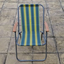 Deck Chair Vintage Yellow Striped Folding Sun Retro Campervan Wooden Arms
