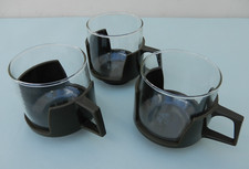 3 x Retro JAJ Pyrex Drink-Up Glass Cups With Green Plastic Holders – Good Cond