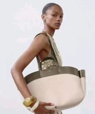 ZARA Large Tote Contrast Shopper Shoulder Bag Canvas Olive Green Cream Ecru