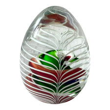 Handblown Art Glass Egg Paperweight Red Green White Swirl Design Vintage