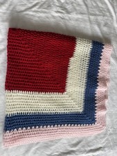 Hand Crochet Throw Red Blue Light Pink White granny blanket 139 Cms x 112 Cms