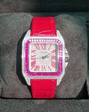 Cartier Santos 100 Custom set diamond Red Bezel & Dial 2016 Box & Papers