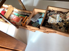 Vintage Wooden Cantilever Fold Out Sewing Craft Box with Contents Table top