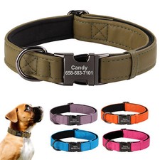 Leather Personalised Dog Collar Padded Lining Custom Engraved ID Tag Name Plate