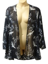 Evans Lightweight Jacket size 18-20 Chiffon Floral Bird Print White Mix on Black