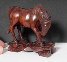 Vintage Chinese Hand Carved Wooden Horse with Glass Eyes, 10.5cm Length