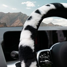 Winter Fluffy Steering Wheel Cover Protector Warm Milk Cow Print Pattern Women