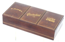 Vtg Mid-Century Leather & Wood Cigarette Box - Camel Chesterfield & Lucky Strike