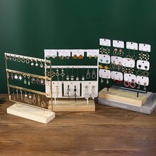 3 Tier Earring Display Holder Metal Jewelry Organizer Wood Base Stud Rack Stand