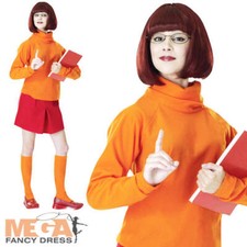 Velma + Wig Ladies Scooby Doo Fancy Dress Halloween Womens Adult Costume Outfit